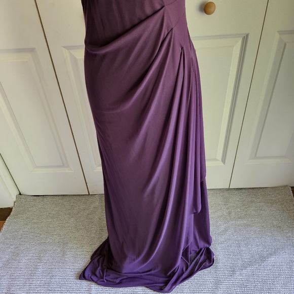 David's Bridal Long Mesh One Shoulder Illusion Dress Plum Style# F19074 Size 4 - Picture 7 of 15